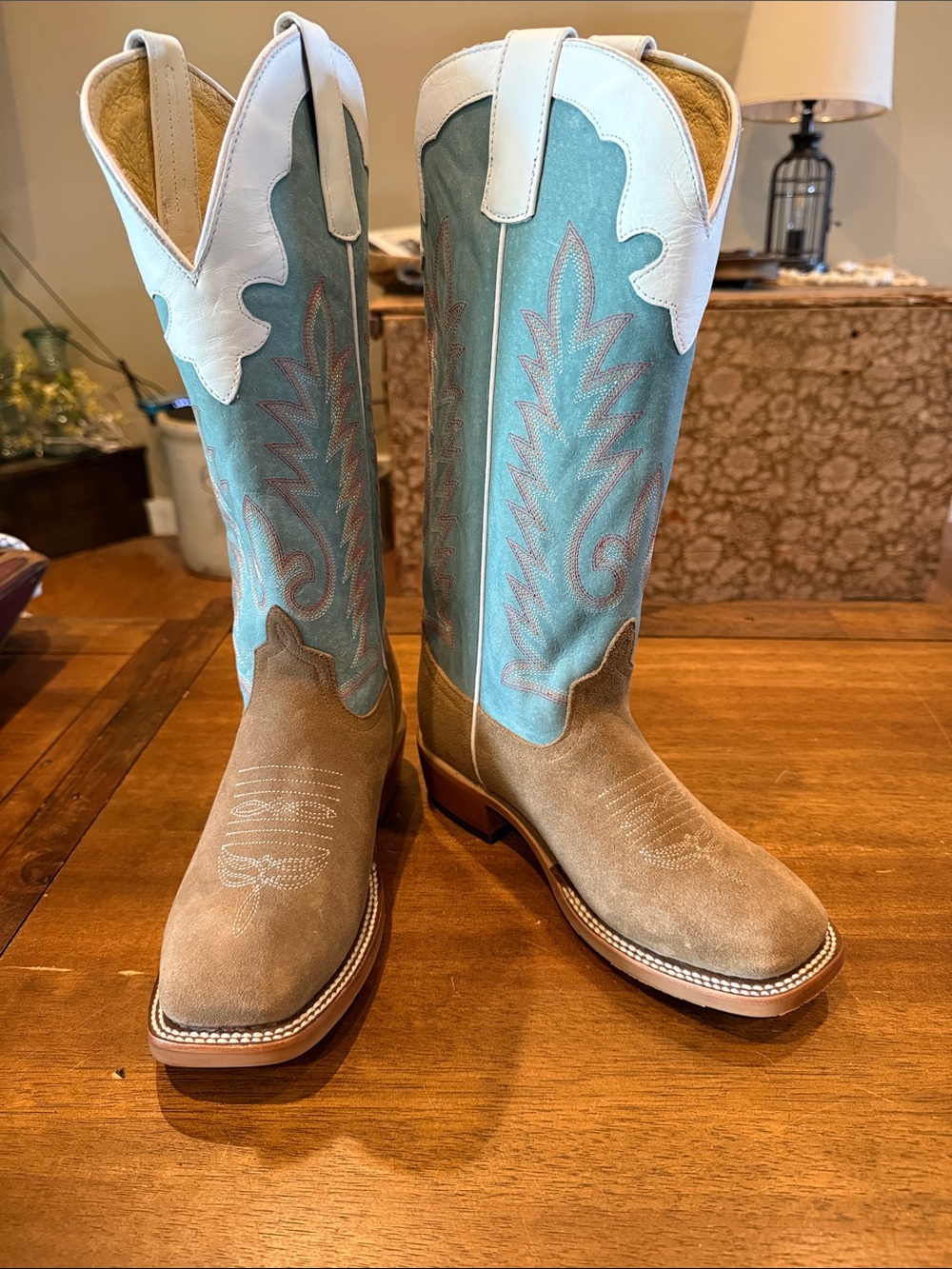 Anderson Bean Two-Tone Turquoise & Tan Western Cowboy Boots with White Accents